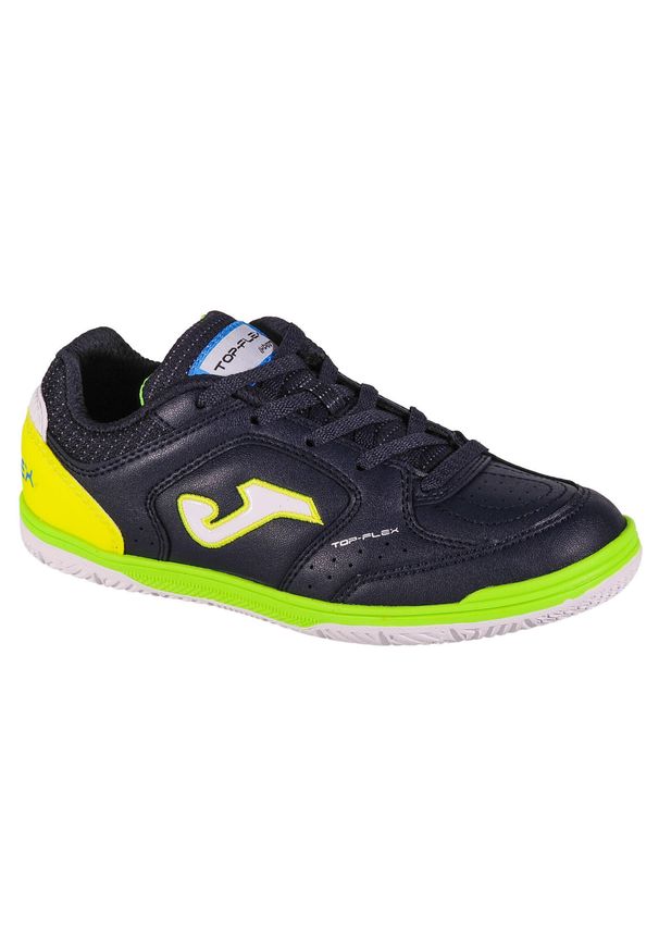 Buty piłkarskie dla dzieci Joma Top Flex Jr In. Zapięcie: sznurówki. Kolor: niebieski, czarny, żółty, wielokolorowy. Materiał: guma, materiał, tkanina, syntetyk. Szerokość cholewki: normalna. Sport: piłka nożna