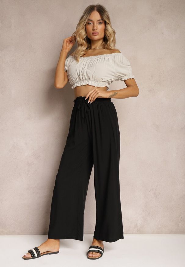 Renee - Czarne Spodnie z Bawełny Typu Palazzo High Waist z Gumką w Talii Nelsaria. Okazja: na co dzień. Stan: podwyższony. Kolor: czarny. Materiał: bawełna. Sezon: lato. Styl: wizytowy, casual, elegancki