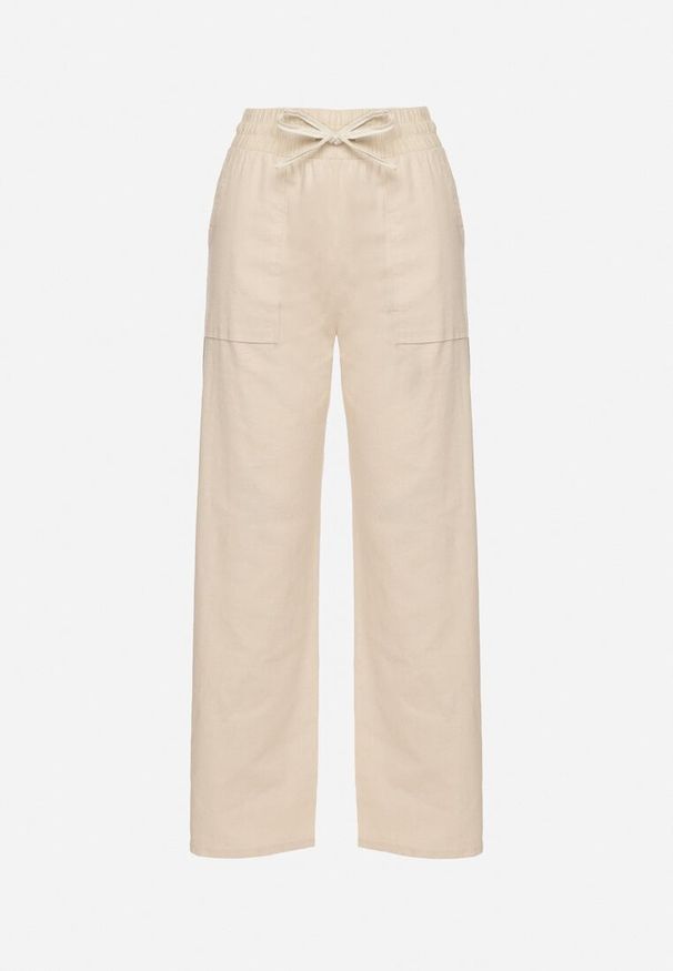 Born2be - Beżowe Spodnie z Bawełny Ozdobione Wiązaniem Davione. Okazja: na co dzień. Kolor: beżowy. Materiał: bawełna. Wzór: aplikacja. Styl: casual, elegancki