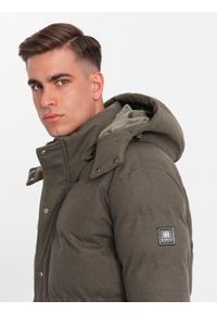 Ombre Clothing - Długa ciepła męska kurtka typu parka z wełną – ciemnooliwkowy melanż V4 OM-JALJ-0217 - XXL. Kolor: oliwkowy. Materiał: wełna. Długość: długie. Wzór: melanż