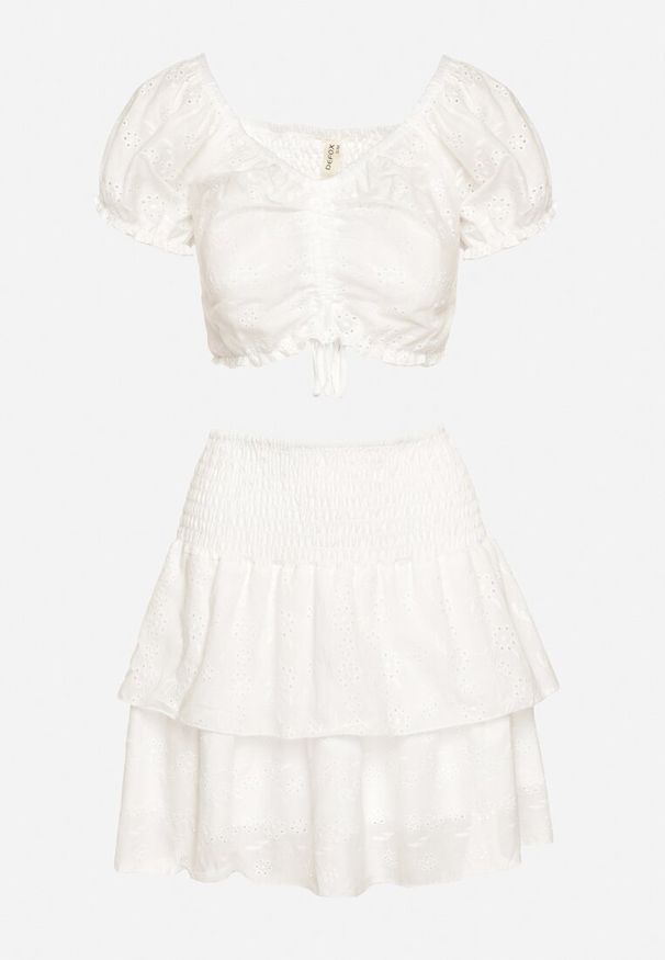 Born2be - Biały Bawełniany Ażurowy Komplet Krótka Bluzka ze Ściągaczem i Rozkloszowana Spódnica z Wysokim Stanem i Gumką w Talii Valencella. Kolor: biały. Materiał: bawełna. Wzór: ażurowy