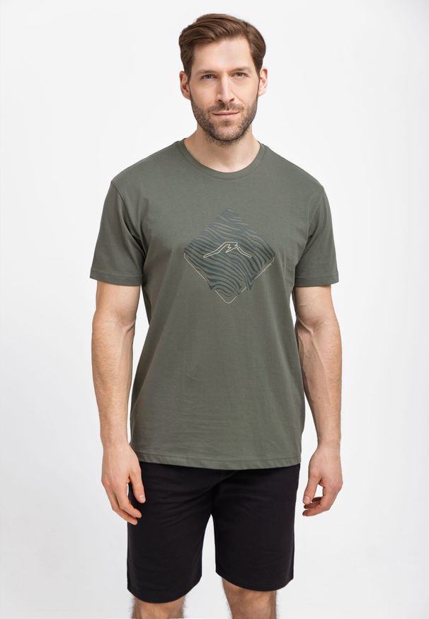 Volcano - Bawełniana koszulka, Comfort Fit, T-LIQUID. Okazja: na co dzień. Kolor: brązowy. Materiał: bawełna. Długość rękawa: krótki rękaw. Długość: krótkie. Wzór: nadruk. Styl: casual