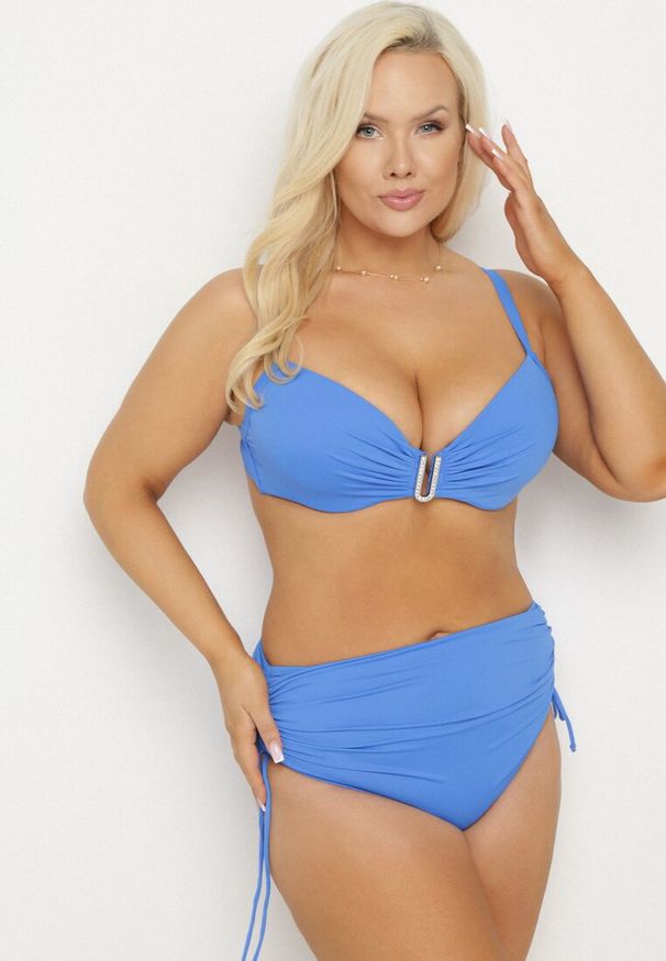 Born2be - Niebieskie Bikini Biustonosz z Marszczeniem i Majtki Figi ze Ściągaczami Kinevia. Kolekcja: plus size. Kolor: niebieski