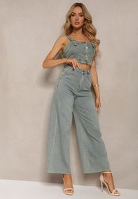 Renee - Niebieski Komplet z Jeansu Top na Ramiączkach Regulowanych i Luźne Szerokie Jeansy Ximeria. Kolor: niebieski. Materiał: jeans #5
