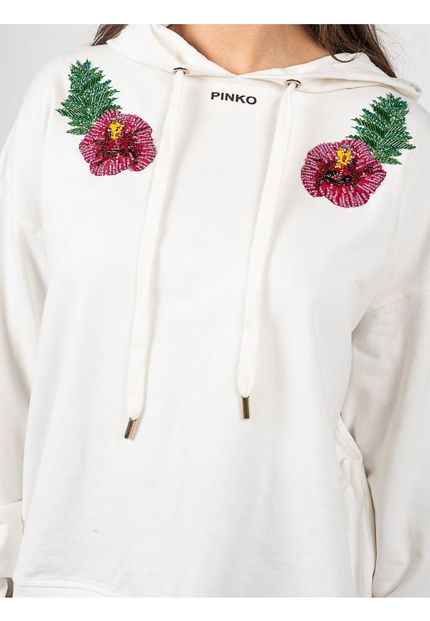 Pinko Bluza "Mutato" | 101213 A0VG | Kobieta | Biały. Okazja: na co dzień, na spacer. Typ kołnierza: kaptur. Kolor: biały. Materiał: bawełna. Wzór: napisy, jednolity. Styl: sportowy, elegancki, casual