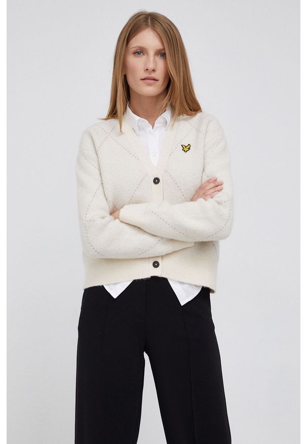 Lyle & Scott - Kardigan z domieszką wełny. Kolor: beżowy. Materiał: wełna. Długość rękawa: długi rękaw. Długość: długie