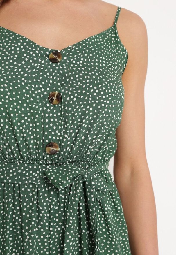 Born2be - Ciemnozielony Bawełniany Kombinezon z Regulowanymi Ramiączkami i Gumką w Pasie z Paskiem Bellasun. Okazja: na co dzień. Kolor: zielony. Materiał: bawełna. Długość rękawa: na ramiączkach. Długość: do kostek. Styl: casual, elegancki