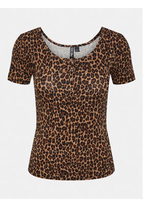 Pieces T-Shirt Kitte 17148392 Brązowy Slim Fit. Kolor: brązowy. Materiał: bawełna