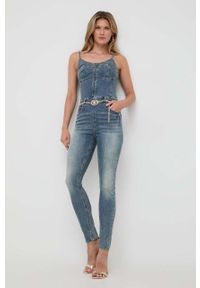 Guess kombinezon jeansowy kolor niebieski z dekoltem w szpic. Kolor: niebieski. Materiał: jeans. Długość rękawa: na ramiączkach #1