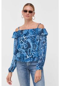 Guess bluzka damska kolor niebieski wzorzysta. Okazja: na co dzień. Typ kołnierza: dekolt hiszpanka. Kolor: niebieski. Materiał: tkanina. Długość rękawa: na ramiączkach. Styl: casual