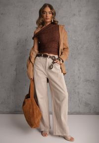 Renee - Brązowa Asymetryczna Bluzka z Koronki na Jedno Ramię Olitheilise. Okazja: na co dzień, na imprezę. Kolor: brązowy. Materiał: koronka. Wzór: koronka. Styl: casual #2