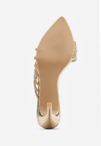 Born2be - Złote Eleganckie Klapki na Szpilce z Paseczkami z Cyrkoniami Naothera. Okazja: na randkę, na wesele, na ślub cywilny. Kolor: złoty. Obcas: na szpilce. Styl: elegancki #2