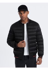 Ombre Clothing - Kurtka męska bomberka o satynowym wykończeniu z kontrastowymi ściągaczami - czarna V1. Kolor: czarny. Materiał: satyna