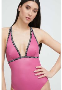 Calvin Klein jednoczęściowy strój kąpielowy kolor fioletowy lekko usztywniona miseczka. Kolor: fioletowy. Materiał: skóra, dzianina, materiał #4
