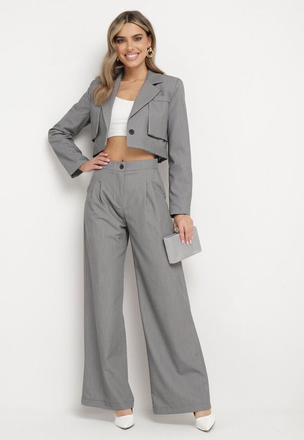 Born2be - Szary Komplet Garniturowy z Krótką Marynarką i Szerokimi Spodniami Laoisetta. Kolor: szary. Materiał: materiał. Wzór: paski