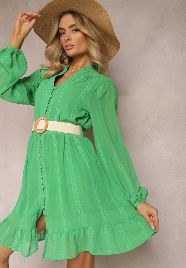 Renee - Zielona Sukienka Merrinni. Kolor: zielony. Materiał: tkanina. Wzór: haft. Styl: boho, klasyczny