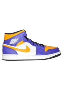 Buty do chodzenia męskie Nike Air Jordan 1 los angeles lakers. Zapięcie: sznurówki. Kolor: żółty, biały, wielokolorowy, fioletowy. Materiał: skóra, syntetyk, materiał. Szerokość cholewki: normalna. Model: Nike Air Jordan. Sport: turystyka piesza #1