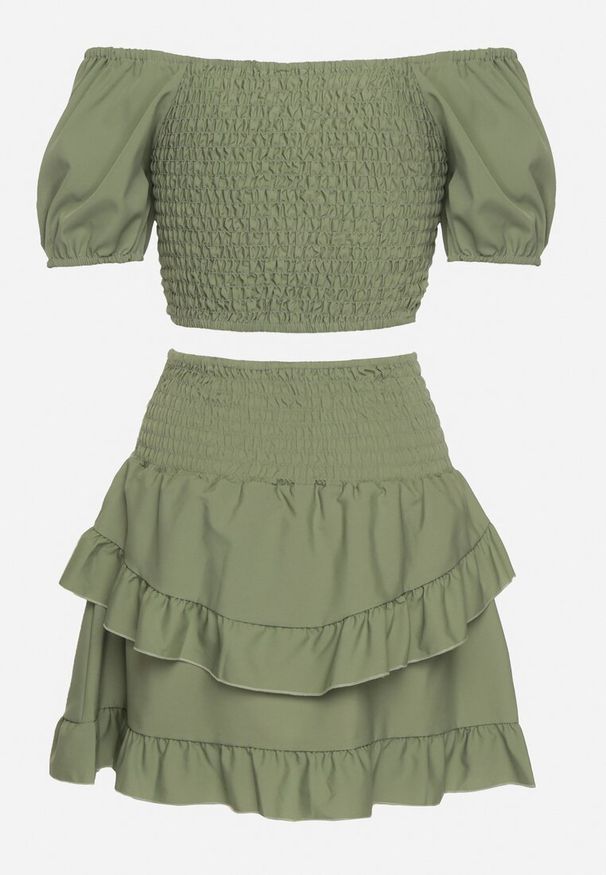 Born2be - Zielony Komplet z Bawełną Bluzka Hiszpanka z Bufiastymi Rękawami Spódnica z Gumką w Pasie Testarae. Kolor: zielony. Materiał: bawełna. Wzór: jednolity