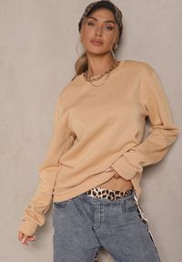 Renee - Ciemnobeżowa Bluza z Bawełną i Ściągaczami przy Rękawach Ravemi. Kolor: beżowy. Materiał: bawełna. Sezon: zima #5