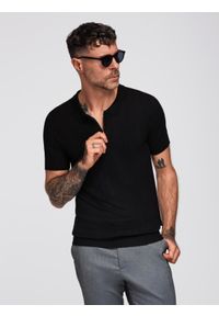 Ombre Clothing - Koszulka męska polo ażurowa z suwakiem przy dekolcie – czarna V2 - Rozmiar: XL. Typ kołnierza: polo. Kolor: czarny. Materiał: nylon, wiskoza, elastan, dzianina. Wzór: ażurowy. Sezon: lato. Styl: elegancki