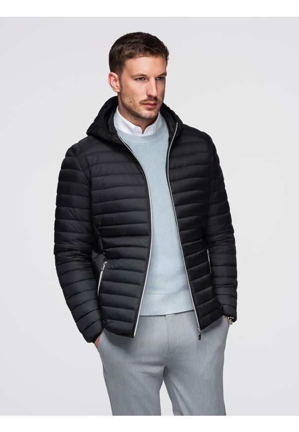 Ombre Clothing - Ultralekka męska kurtka z naturalnym puchem z możliwością schowania w worek – czarna V1 - Rozmiar: S. Kolor: czarny. Materiał: puch. Wzór: aplikacja. Styl: elegancki, sportowy