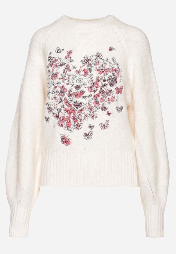 Born2be - Jasnobeżowy Sweter z Bawełną Ozdobiony Motylami Meledi. Kolor: beżowy. Materiał: bawełna. Wzór: aplikacja. Sezon: wiosna. Styl: klasyczny