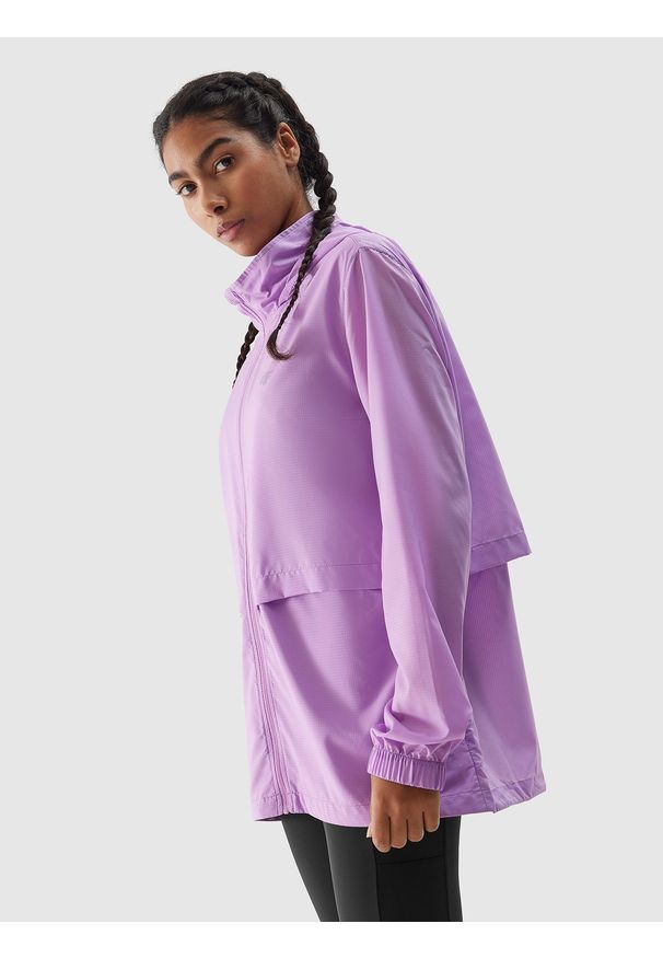4f - 4F Kurtka do biegania szybkoschnąca damska - fioletowa XXL. Typ kołnierza: kołnierzyk stójkowy, kaptur. Kolor: fioletowy. Materiał: tkanina, włókno, dzianina, materiał. Długość: krótkie. Sport: bieganie