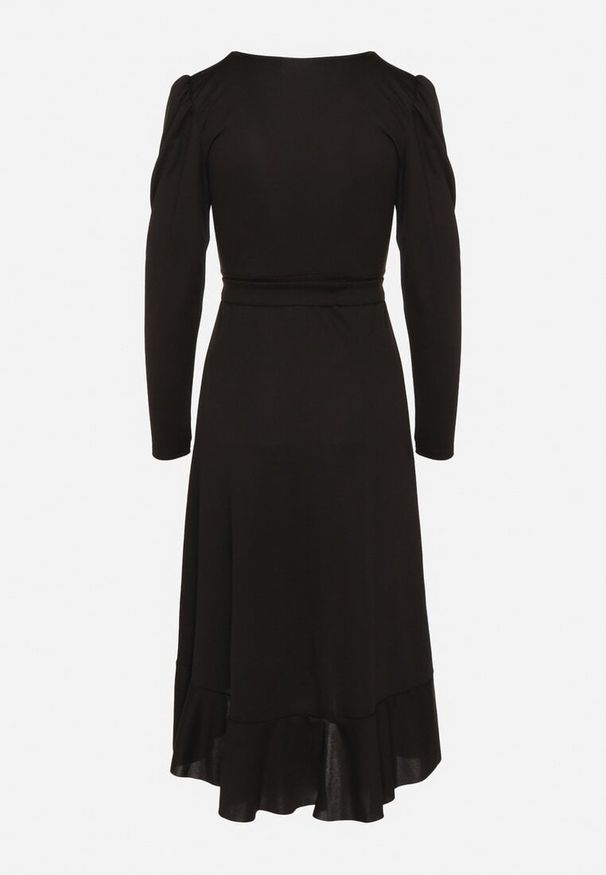 Born2be - Czarna Sukienka z Kopertowym Dekoltem i Materiałowym Paskiem Devisia. Okazja: na co dzień. Typ kołnierza: dekolt kopertowy. Kolor: czarny. Materiał: materiał. Długość rękawa: długi rękaw. Typ sukienki: kopertowe. Styl: elegancki, casual, klasyczny