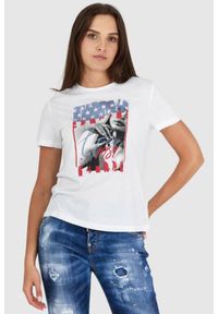 Guess - GUESS Biały t-shirt damski z nadrukiem i wiązaniem na plecach, Rozmiar XS. Kolor: biały. Materiał: bawełna. Wzór: nadruk