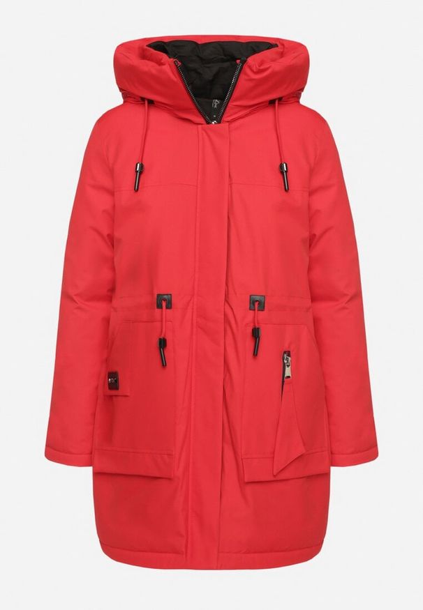 Born2be - Czerwona Kurtka Parka z Kapturem Ściągana w Pasie Semielin. Okazja: na spacer, na co dzień. Typ kołnierza: kaptur. Kolor: czerwony. Styl: elegancki, casual
