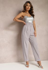 Renee - Szare Spodnie Garniturowe High Waist z Dwoma Paskami Ismera. Okazja: na spotkanie biznesowe. Stan: podwyższony. Kolor: szary. Styl: biznesowy, elegancki #4