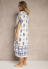 Renee - Niebiesko-Kremowa Sukienka z Wiskozy w Stylu Boho o Pudełkowym Kroju z Rozcięciami Virbia. Okazja: na co dzień. Typ kołnierza: dekolt w serek. Kolor: niebieski. Materiał: wiskoza. Długość rękawa: krótki rękaw. Styl: boho