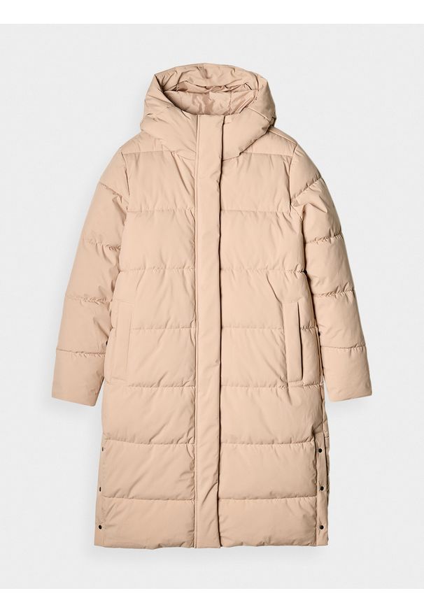 4f - 4F Długi płaszcz puchowy z syntetycznym wypełnieniem damski - beżowy S. Okazja: na co dzień. Kolor: beżowy. Materiał: puch, syntetyk. Długość: długie. Wzór: gładki. Sezon: zima. Styl: casual, sportowy, klasyczny