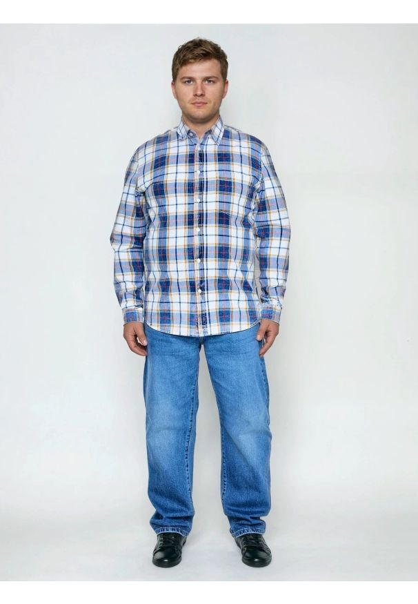 Big-Star - Koszula męska bawełniana w kratę niebiesko-biała Merowi 401. Okazja: na co dzień. Kolor: niebieski. Materiał: bawełna. Wzór: ze splotem, gładki. Styl: casual, vintage, klasyczny