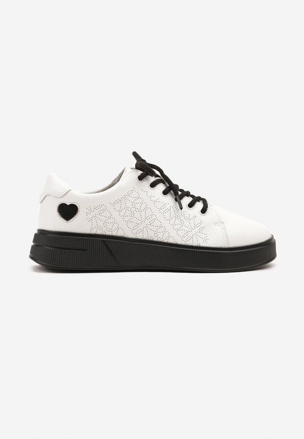 Renee - Biało-Czarne Sneakersy z Wkładką ze Skóry Naturalnej Ozdobione Cyrkoniami i Sercem Tiralia. Okazja: na co dzień. Kolor: biały. Materiał: skóra. Wzór: aplikacja