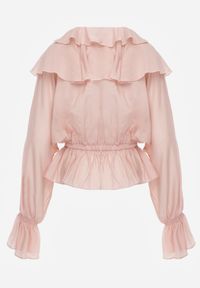 Born2be - Różowa Bluzka Elegancka z Falbanami z Rozszerzanymi Rękawami Irintora. Okazja: na co dzień. Kolor: różowy. Materiał: jeans. Długość: długie. Styl: elegancki #6