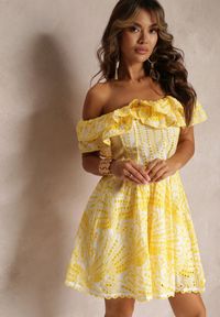 Renee - Żółta Haftowana Sukienka Mini z Hiszpańskim Dekoltem i Gumką w Talii Nissi. Kolor: żółty. Wzór: haft. Długość: mini #1