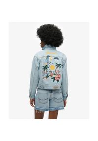Superdry - Kurtka jeansowa ozdobiona. Kolor: szary. Materiał: jeans. Długość rękawa: długi rękaw. Wzór: aplikacja #1