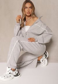 Renee - Szary Retro Komplet Dresowy z Wiskozą Bluza i Spodnie o Szerokim Kroju Selriza. Kolor: szary. Materiał: dresówka, wiskoza