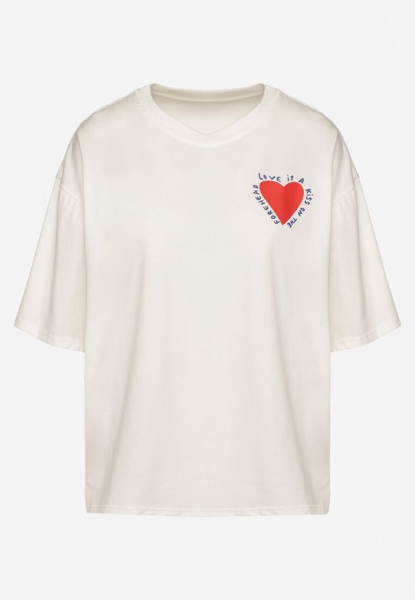 Born2be - Jasnobeżowy Bawełniany T-shirt z Motywem Serca Liorlie. Okazja: na co dzień, na spacer. Kolor: beżowy. Materiał: bawełna. Styl: klasyczny, casual
