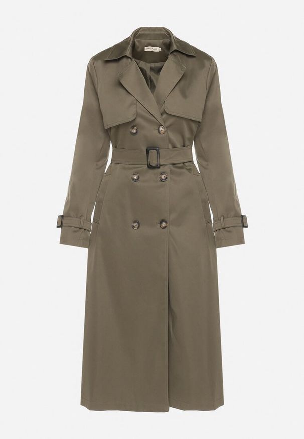 Born2be - Zielony Płaszcz Trencz Dwurzędowy Ozdobiony Paskiemz Klamrą Tinbella. Okazja: na co dzień. Kolor: zielony. Materiał: jeans. Wzór: aplikacja. Styl: casual, elegancki, klasyczny