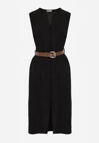 Born2be - Czarna Taliowana Sukienka z Bawełną i Wiskozą Ozdobiona Paskiem Luven. Okazja: na co dzień. Kolor: czarny. Materiał: wiskoza, bawełna. Wzór: aplikacja. Typ sukienki: proste. Styl: casual, elegancki #7