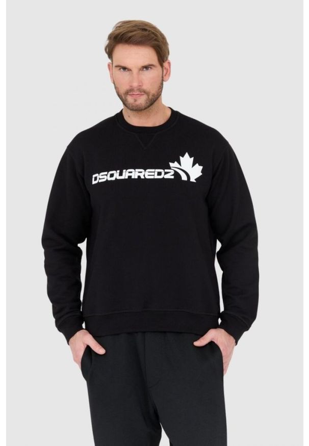 DSQUARED2 Czarna bluza męska z białym logo z liściem, Rozmiar XXL. Kolor: czarny