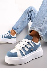 Renee - Biało-Niebieskie Sneakersy na Platformie z Szerokim Sznurowaniem Aklilu. Nosek buta: okrągły. Zapięcie: sznurówki. Kolor: niebieski. Materiał: materiał. Sezon: wiosna, lato, jesień. Obcas: na platformie. Wysokość obcasa: niski #1