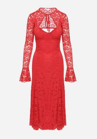 Born2be - Czerwona Koronkowa Sukienka o Rozkloszowanym Kroju z Wiązanym Bolerkiem Gonneth. Okazja: na wesele, na ślub cywilny. Typ kołnierza: dekolt w kształcie V. Kolor: czerwony. Materiał: koronka. Długość rękawa: na ramiączkach. Typ sukienki: rozkloszowane #2