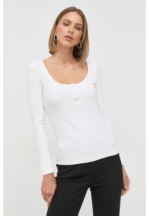 Guess longsleeve damski kolor biały. Kolor: biały. Materiał: materiał, wiskoza. Długość rękawa: długi rękaw. Długość: krótkie
