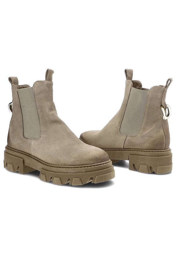 Beżowe Botki Dwunasty Shoes Damskie Stylowe Buty. Kolor: beżowy. Materiał: zamsz, materiał, skóra. Szerokość cholewki: normalna. Sezon: zima, jesień. Obcas: na obcasie. Styl: elegancki. Wysokość obcasa: niski