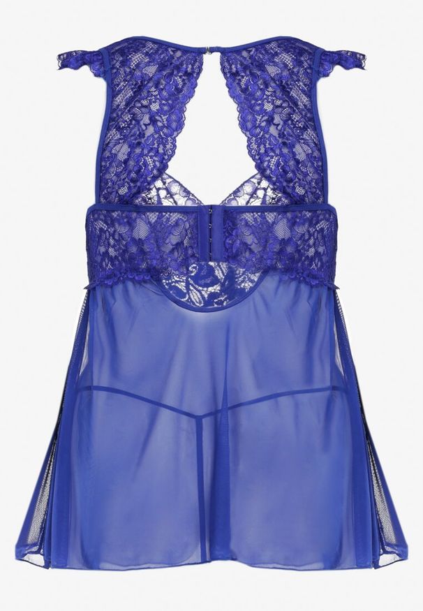 Renee - Granatowa Koronkowa Koszula Nocna Mini z Siateczki ze Stringami w Komplecie Tuala. Kolor: niebieski. Materiał: koronka