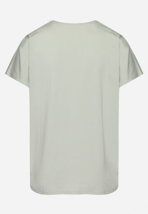 Born2be - Miętowa Bawełniana Bluzka z Ażurową Wstawką i Nadrukiem Blineria. Kolor: miętowy. Materiał: bawełna. Wzór: ażurowy, nadruk