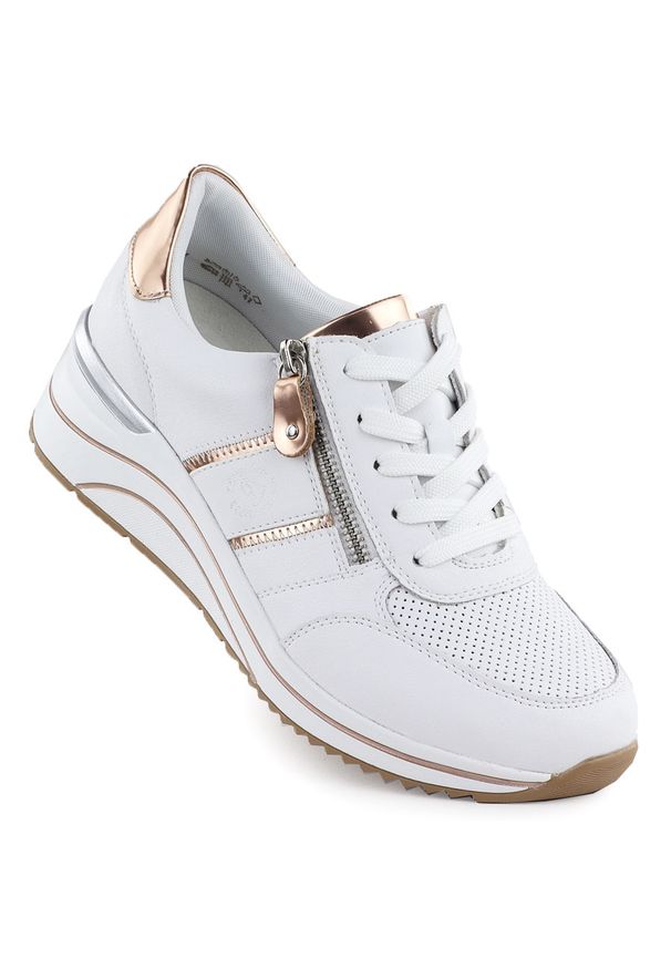 Skórzane sneakersy damskie na koturnie białe Remonte Rieker D0T04-80. Kolor: biały. Materiał: skóra. Obcas: na koturnie